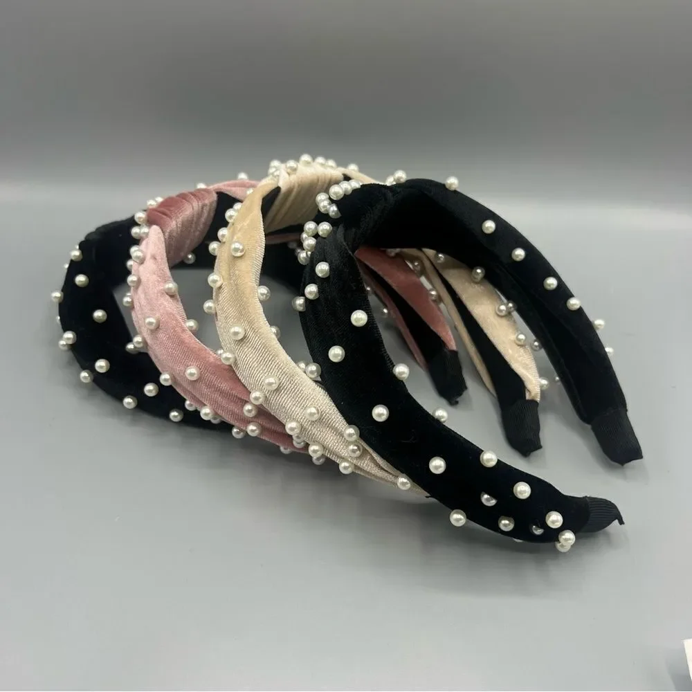 Lot of 4 Pearl-Studded Knot Headbands - Black, Pink, Cream